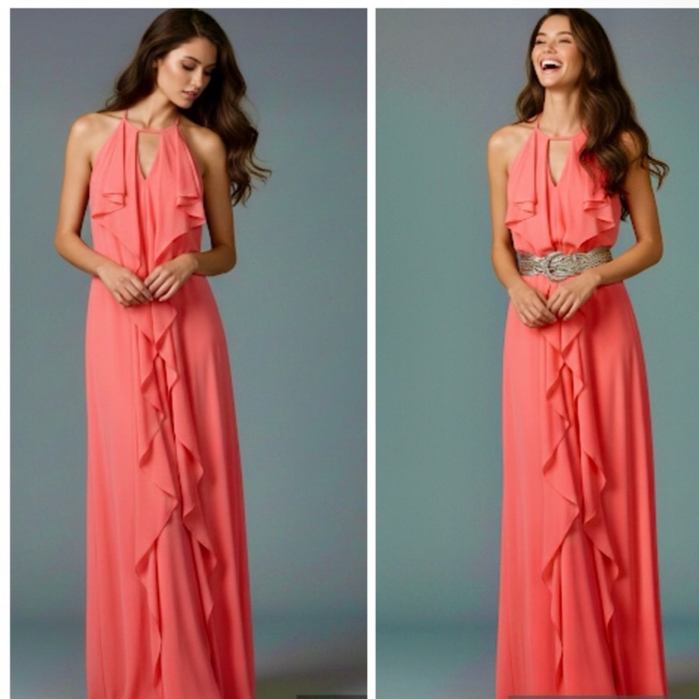 BCBGMAXAZRIA Pink Coral Ruffle Sleeveless Maxi Dress